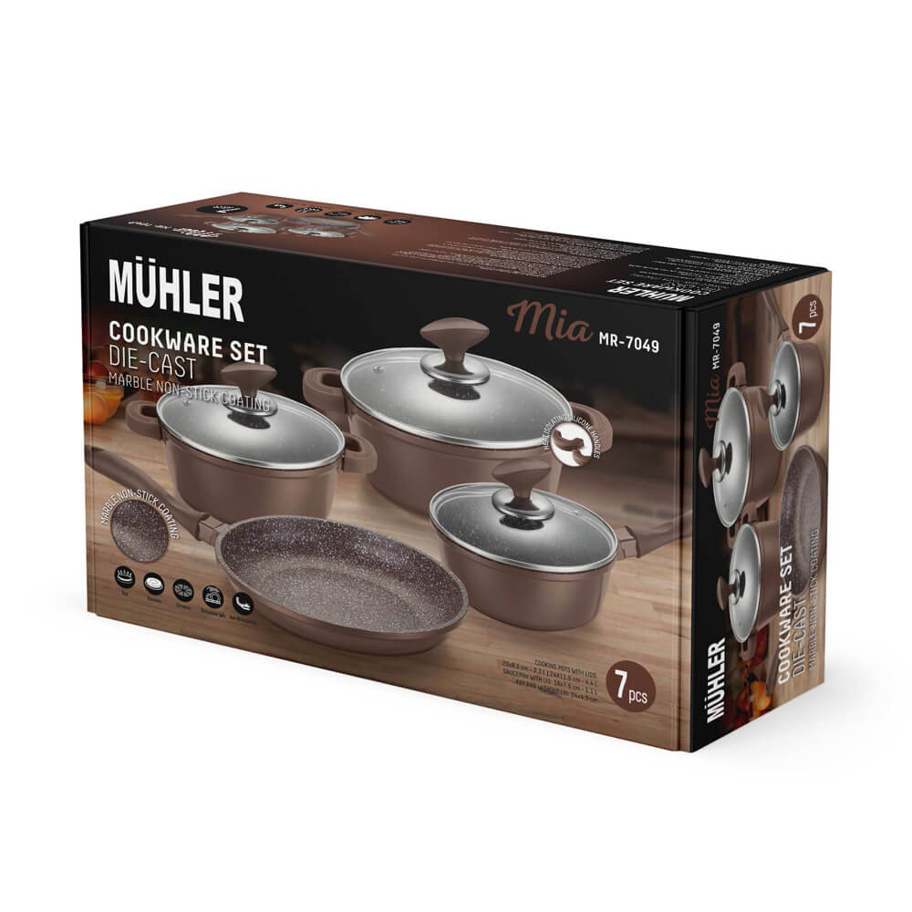 Комплект съдове за готвене Muhler Mia MR-7049 NEW 7 части, шоколад, лят алуминий