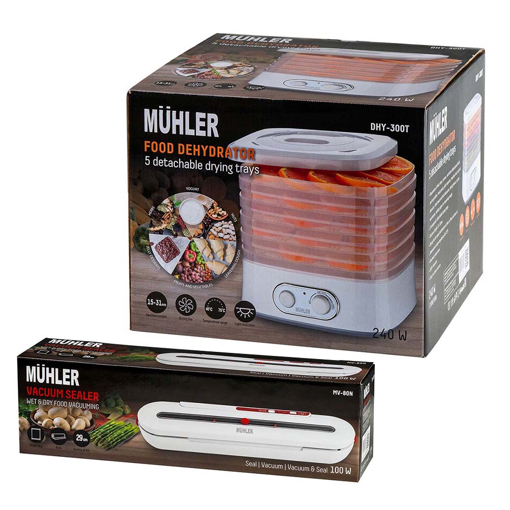 Комплект Muhler уред за сушене на плодове DHY-300T + уред за вакуумиране MV-80N