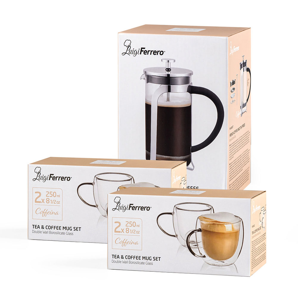 Промо-комплект Luigi Ferrero серия Coffeina - френска преса за кафе и чай 800ml + 4 чаши за чай и кафе х250ml