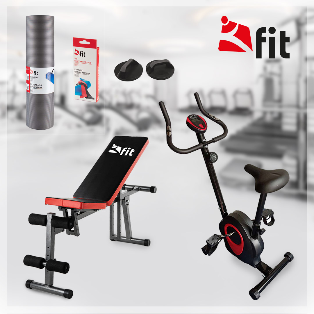 Промо-комплект Kfit Велоергометър Mount + Сгъваема лежанка Simple Flex + Стойки за лицеви опори + 3 фитнес-ластици + Фитнес-постелка - Reno Промо-комплект Kfit Велоергометър Mount + Сгъваема лежанка Simple Flex + Стойки за лицеви опори + 3 фитнес-ластици + Фитнес-постелка