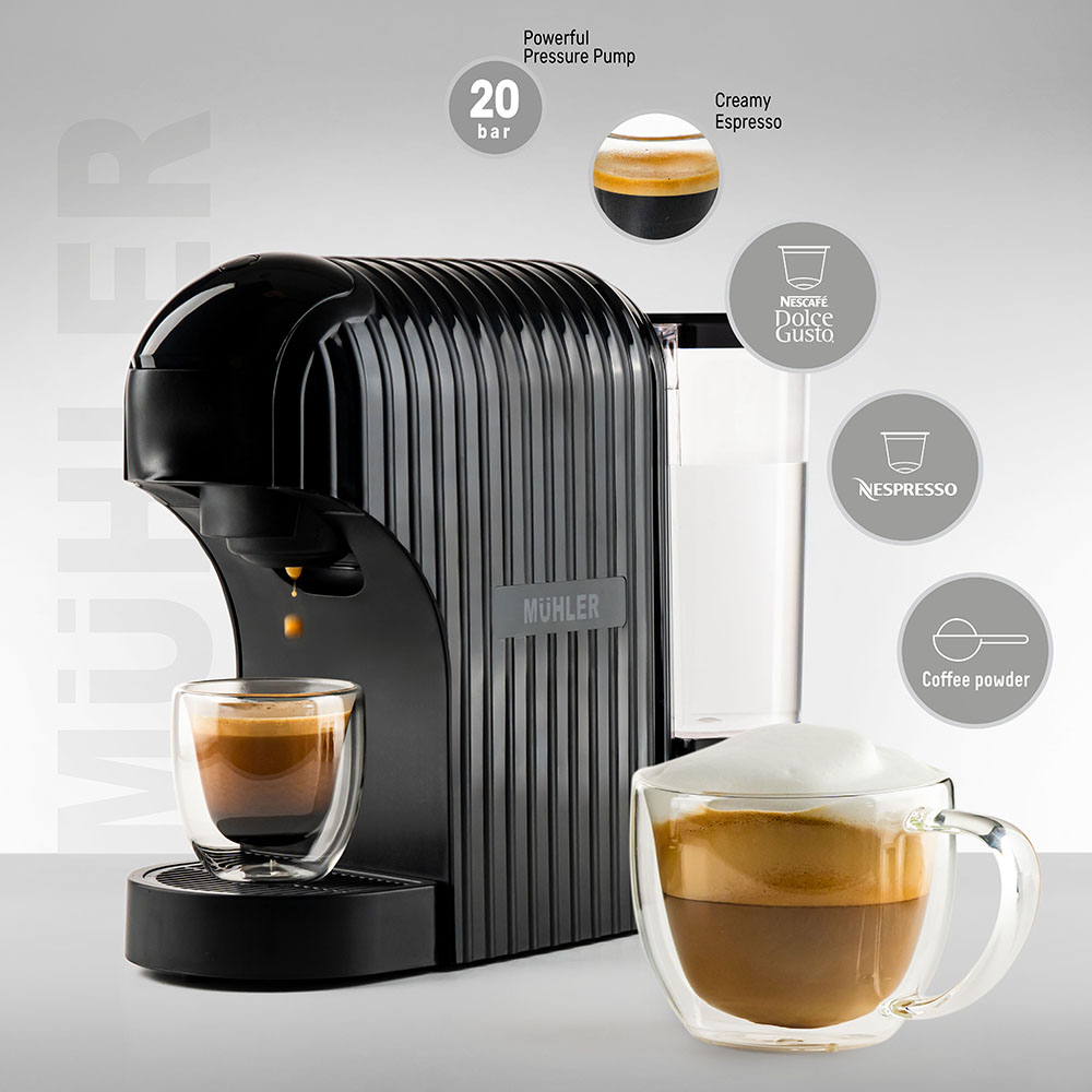 Промо-комплект Еспресо машина 3в1 Muhler MCM-601 + 2 чаши за еспресо Luigi Ferrero Coffeina 80ml + 30 капсули Dolce Gusto Espresso Intenso